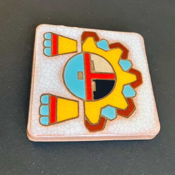 2 ARIUS Santa Fe Pottery Art Tiles 4” Southwest Hopi Native American Sun God Yei - Picture 9 of 13